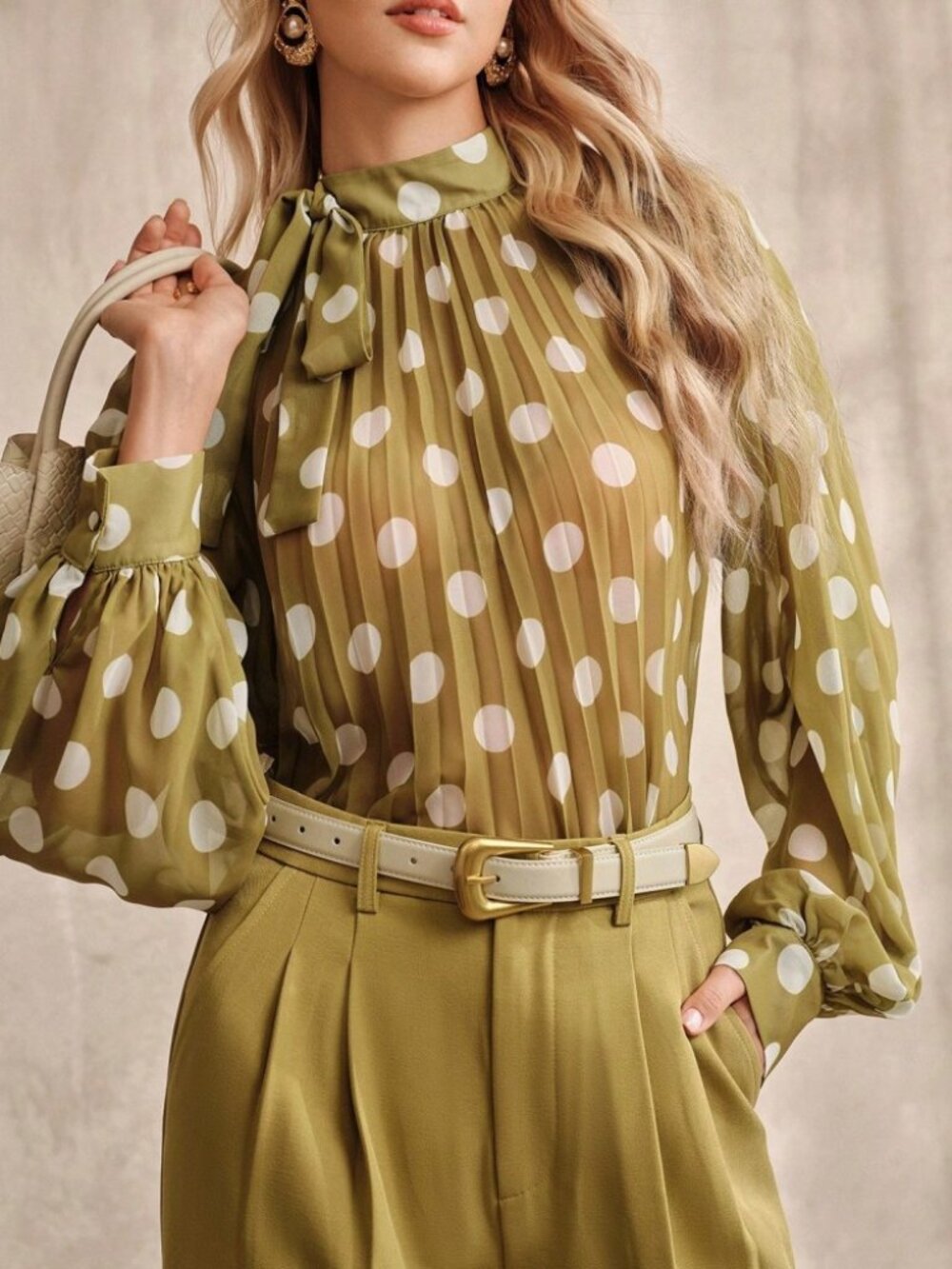 Green Polka Dot Chiffon Tie-Neck Pleated Bishop Sleeve Top - Picture 5 of 8